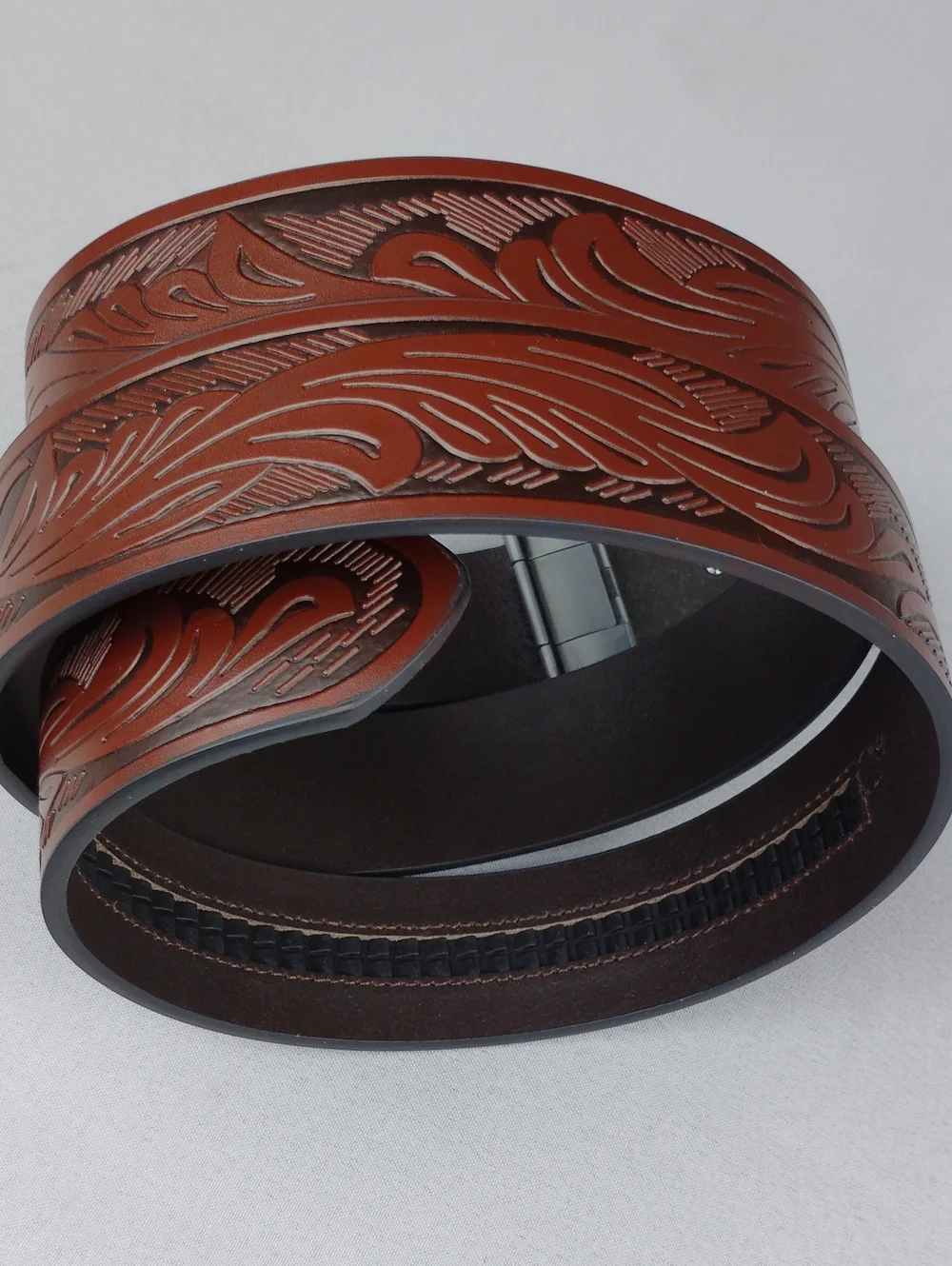Belt Road Brown Tooled Leather Western Belt with Longhorn Buckle